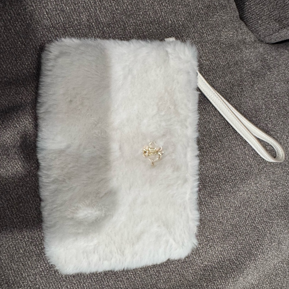 Faux Fur Wristlet Clutch in Off-White with Gold Accent